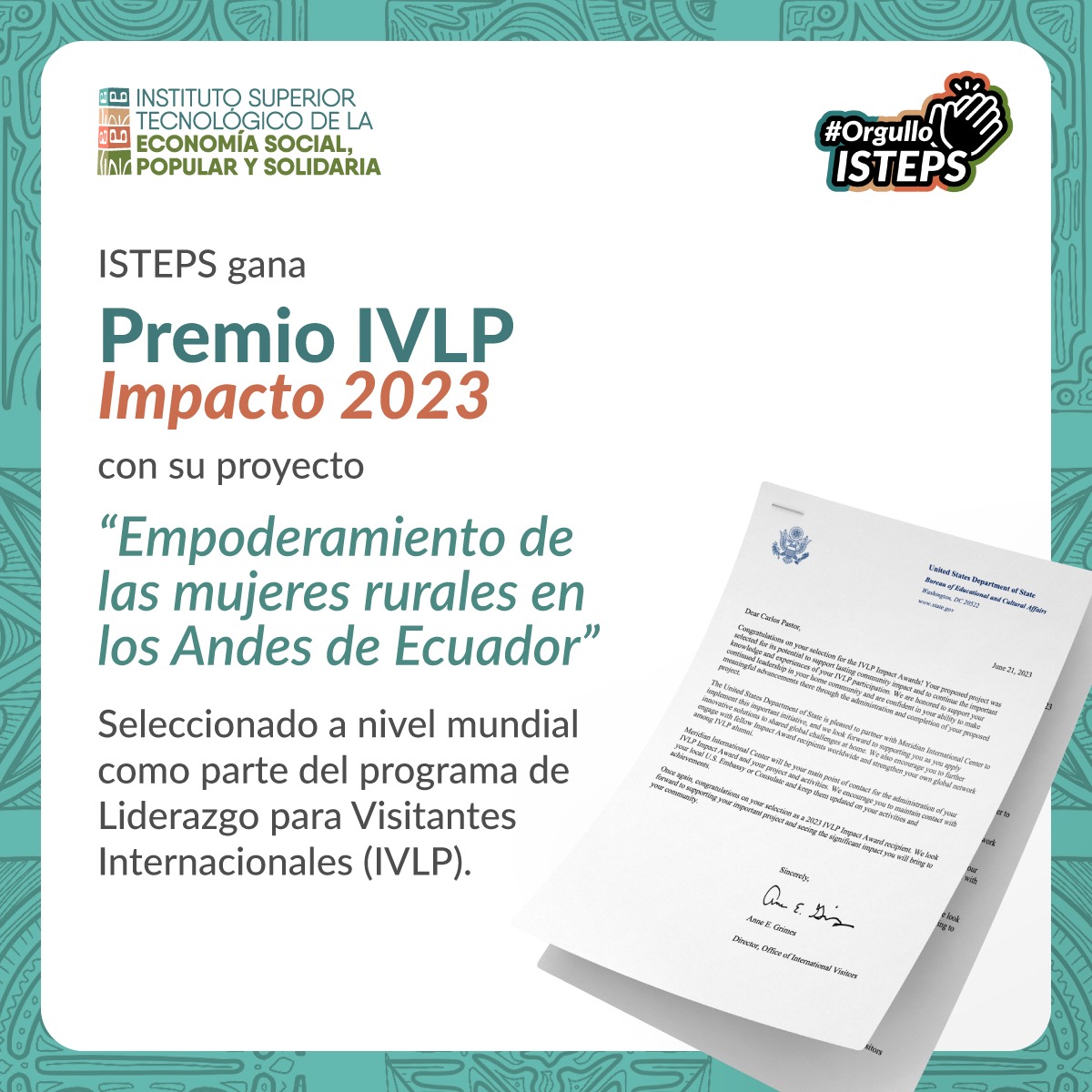 ISTEPS_ec's tweet photo. #OrgulloISTEPS 👏

El proyecto “Empoderamiento de las mujeres rurales en los Andes de Ecuador” del #ISTEPS obtuvo el premio Programa de Liderazgo para Visitantes Internacionales #IVLP Impacto 2023, de la Oficina de Asuntos Educativos y Culturales del Dpto. de Estado de EE. UU. https://t.co/6jiic6G8Zf