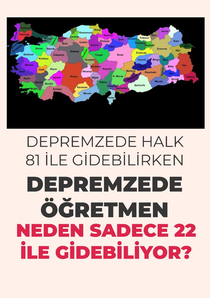 MebDepremeTümİller
1️⃣ İller arası yer değiştirme hakkının sadece 22 ili kapsaması mağduriyetimizi gidermemiştir.
2️⃣ Ülkemizin en ağır şartlarında görev yapan depremzede öğretmenleri yine şartları ağır yerlere göndermek bir kazanım değildir.
<a href="/tcmeb/">Millî Eğitim Bakanlığı</a>
<a href="/mebpgm/">Personel Genel Müdürlüğü</a>
<a href="/Yusuf__Tekin/">Yusuf Tekin</a>
<a href="/cftcblnt/">Bülent ÇİFTCİ</a>