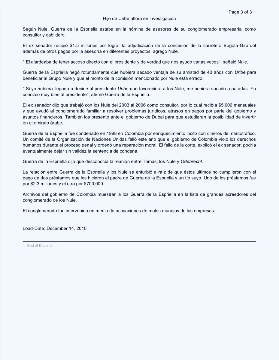 En el recuento de <a href="/AlvaroUribeVel/">Álvaro Uribe Vélez</a> de su papel moralizador en el caso Odebrecht, no explicó qué hacía su hijo Tomás reunido en Panamá con un ejecutivo de Odebrecht y los Nule en vísperas (2008) de la licitación del contrato más grande de su gobierno, adjudicado a esa firma