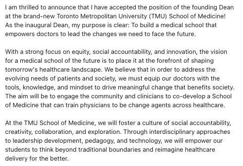 Teresa Chan | 陳敏怡 (@tchanmd) on Twitter photo I am thrilled to announce that I have accepted the position of the founding Dean at the brand-new Toronto Metropolitan University (TMU - <a href="/TorontoMet/">Toronto Metropolitan University</a>) School of Medicine!
Official announcement here: torontomu.ca/news-events/ne…
#TMUSoM #MedEd #MedSchoolOfTheFuture I am thrilled to announce that I have accepted the position of the founding Dean at the brand-new Toronto Metropolitan University (TMU - <a href="/TorontoMet/">Toronto Metropolitan University</a>) School of Medicine!
Official announcement here: torontomu.ca/news-events/ne…
#TMUSoM #MedEd #MedSchoolOfTheFuture