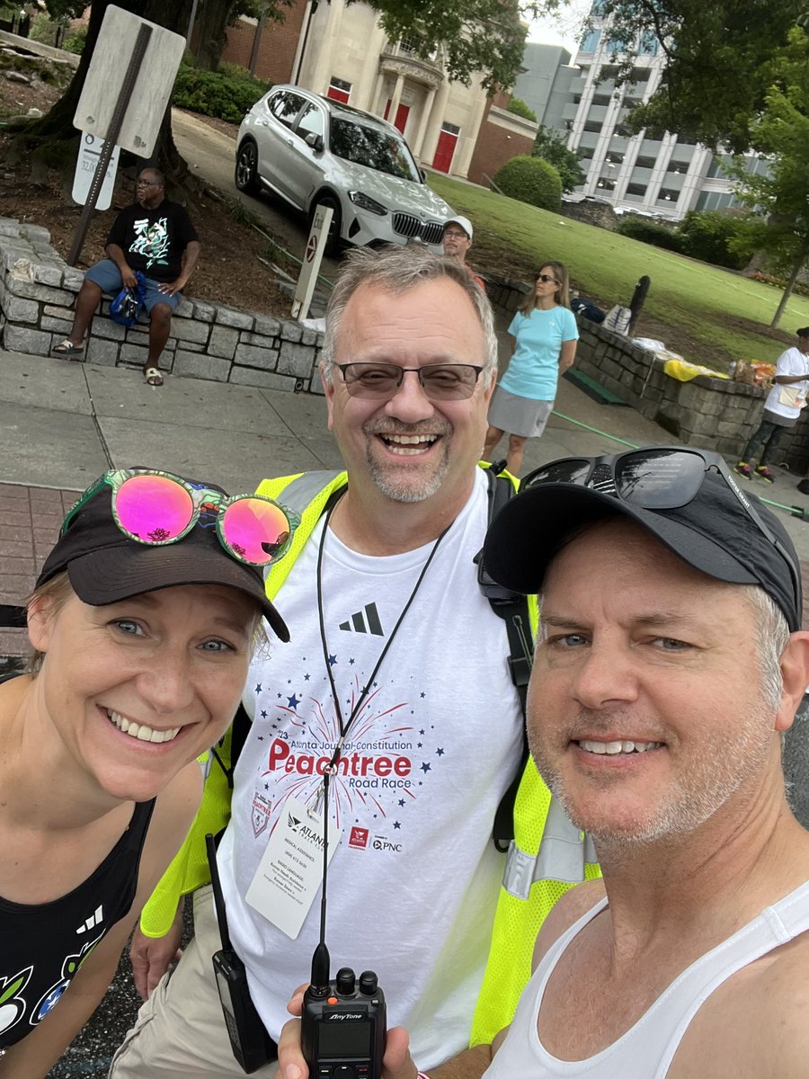joedom's tweet photo. We did it! Just finished my 40th @ATLtrackclub Peachtree Road Race with my wife KI4HHI &amp; daughter 🏃‍♀️🏃‍♀️🏃🏻‍♂️🇺🇸. I carried an @AnyToneTech 868 and operated as an embedded #hamradio operator as part of the comm team aka Runner 1.  #ajcprr @AFCEMA #auxcomm #ares #running https://t.co/WraO2Ilnq8