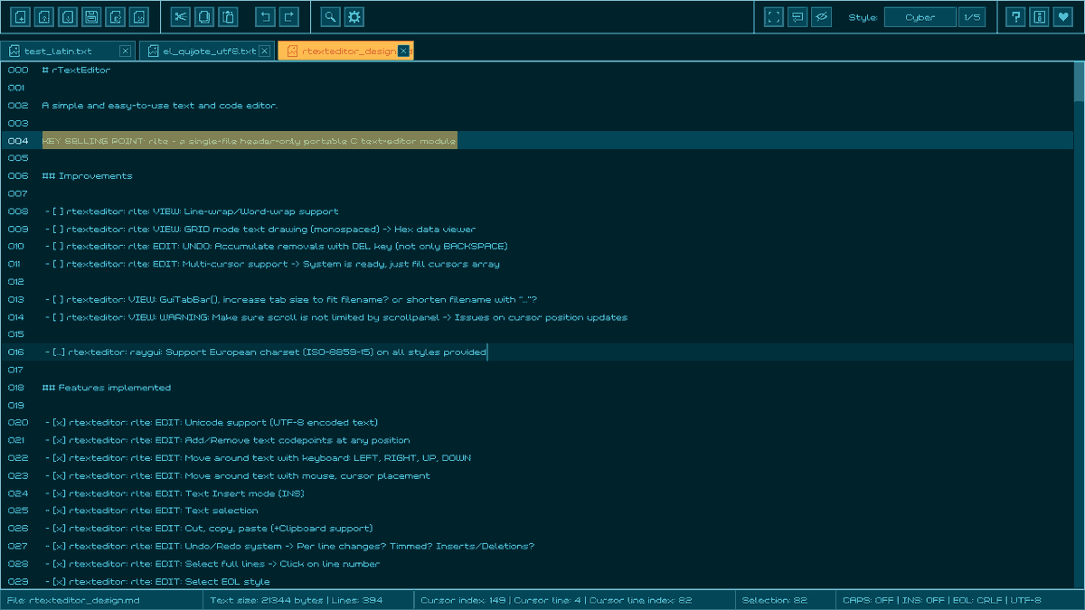 Hey! A sneak peak of my latest side project: rTextEditor! A simple and easy-to-use text and code editor. Single-binary, multiplatform, 850KB... But the most interesting part: rlte, a single-file header-only text-editor module, portable and usable standalone, pure C. #futureisnow