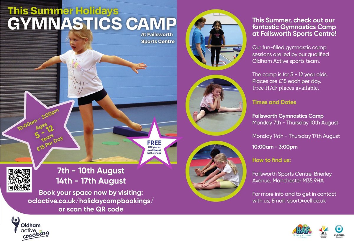 OLDHAM ACTIVE SUMMER HOLIDAY PROGRAMME

We have a fun packed Summer Programme including

Multi-Sports ⚽️🏀⚾️🎾
Dance 🕺💃
Gymnastics🤸‍♂️🤸

Alongside activities in parks across Oldham. Take a look at our flyers attached

To book: oclactive.co.uk/holidaycampboo…

Info: Sport@ocll.co.uk