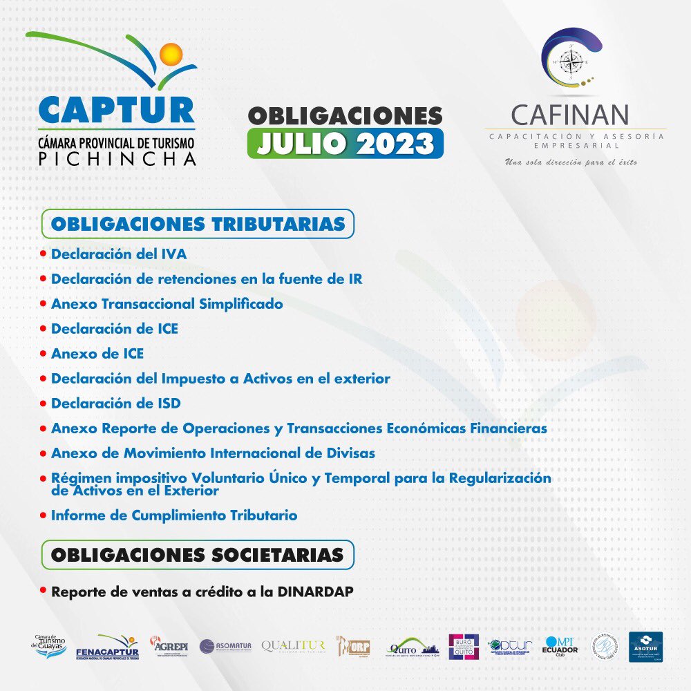 Gracias al aporte de Cafinan Capacitación y Asesoría Empresarial <a href="/CafinanUio/">Cafinan_uio</a> presentamos las OBLIGACIONES JULIO 2023.