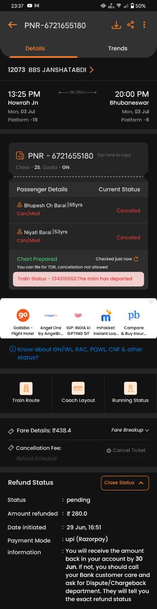 nistodisha's tweet photo. @TrainmanIn @AshwiniVaishnaw @RailwaySeva Ticket cancelled but refund not credited yet kindly take necessary action https://t.co/fdKkIK0ESk