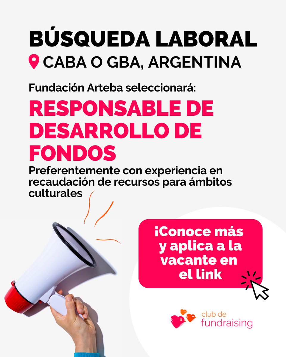clubfundraising's tweet photo. 🔎 #BusquedaLaboraDestacada 
Fundación Arteba seleccionará:
RESPONSABLE DE DESARROLLO DE FONDOS.

📍CABA o GBA, Argentina.
Preferentemente con experiencia en recaudación de recursos para ámbitos culturales.

👇 Conoce más y aplica entrando en el link👇
https://t.co/120LNS8cSy https://t.co/GWl4iqqvSl