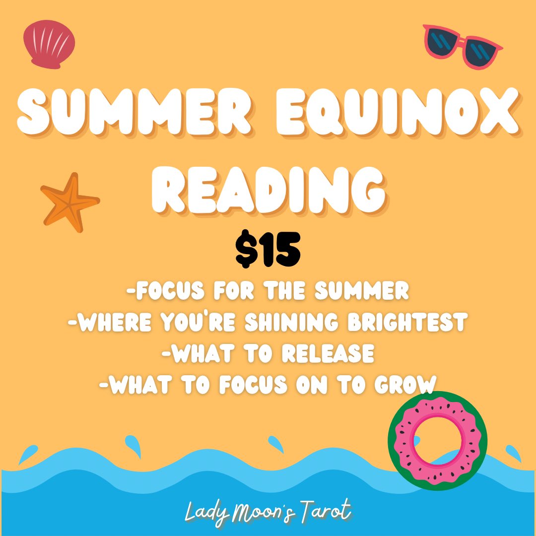 my summer equinox reading tells you what you need to focus on and how you can grow over the summer season ☀️🌻

this reading is only 💲1️⃣5️⃣! 

you can book yours today at ladymoontarot.square.site ✨✨
