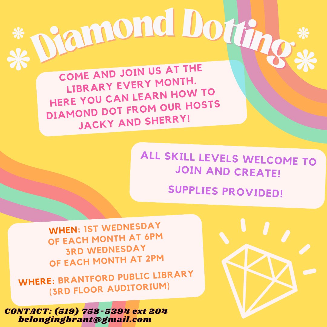 BelongingBrant's tweet photo. #DiamondDots is back again at the @BtfdLibrary tomorrow, Wednesday July 5th, at 6:00PM. All are welcome and supplies are provided for this #dazzling and #delightful #craft!
#brantford #brant #sixnations https://t.co/7LqNAlWoby