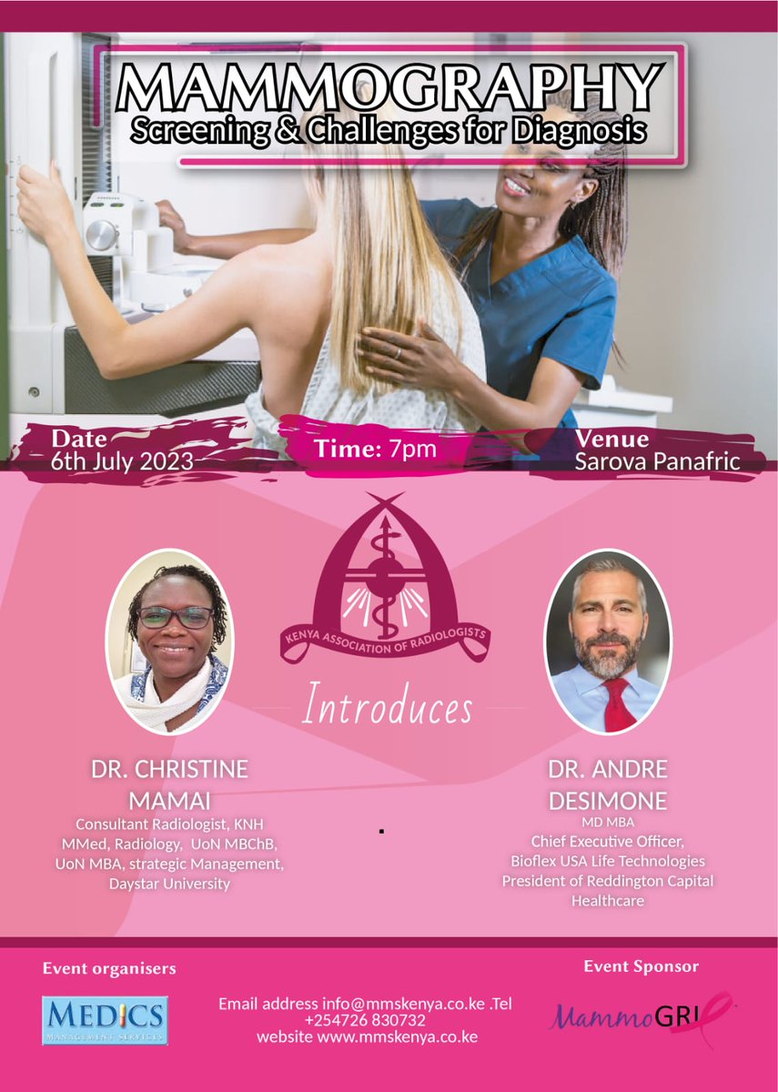 Join us this Thursday at the Sarova Panafric Hotel from 7 pm for this CPD accredited CME on the topic of the challenges faced by Radiologists during screening and diagnosis in Mammography.