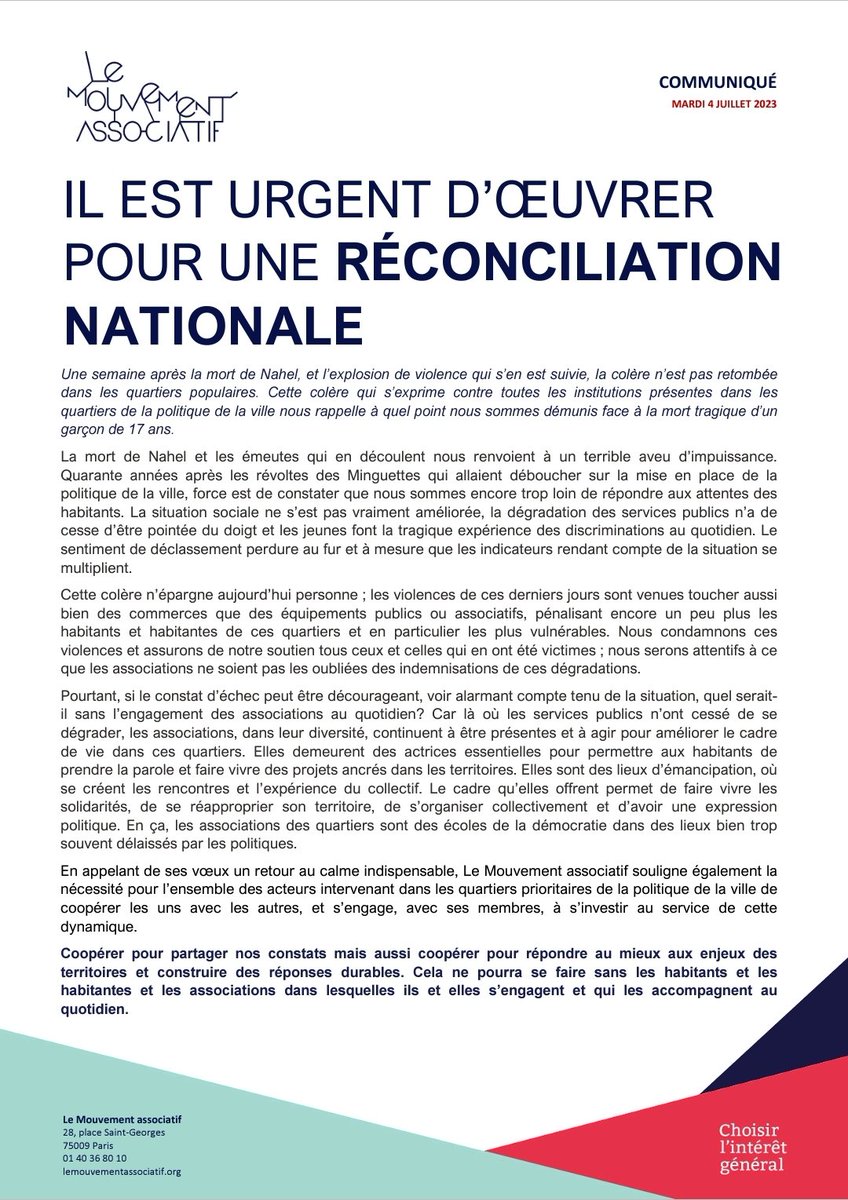 🚩#Communiqué
🙌 Il est urgent d'œuvrer pour une réconciliation nationale 

Le Mouvement associatif appelle à un retour au calme et souligne la nécessité pour les acteurs #QPV de coopérer les uns avec les autres pour construire des réponses durables. 

➡️ lemouvementassociatif.org/wp-content/upl…
