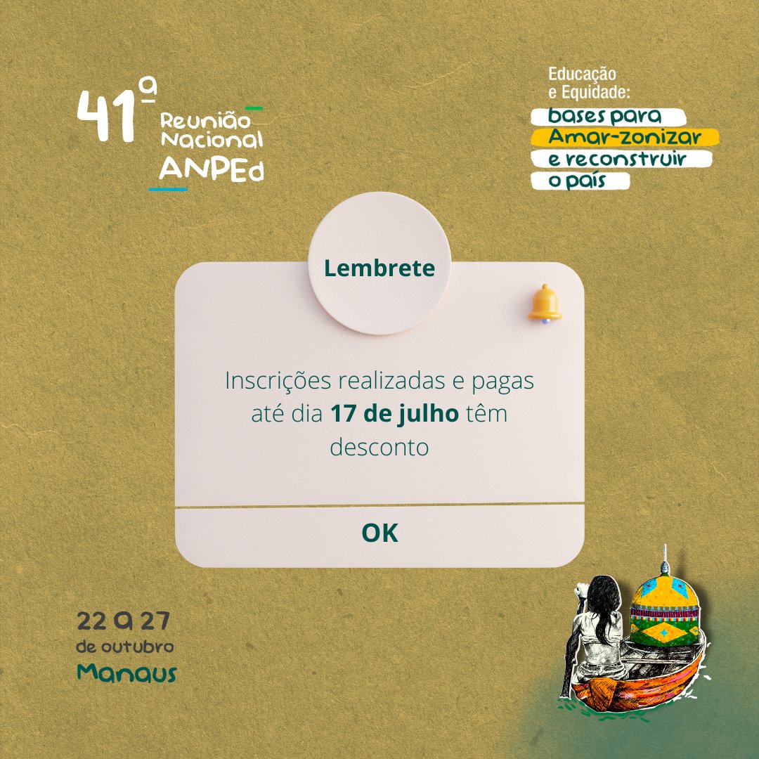 🗓 As inscrições contam com descontos até a data de 17 de julho e valores diferenciados para pessoas associadas e conforme as categorias de participantes.
👩🏽💻 Todo o procedimento deve ser feito através da Área da/o/e Associada/o/e no portal da ANPEd.
🔗 mla.bs/470e54b7