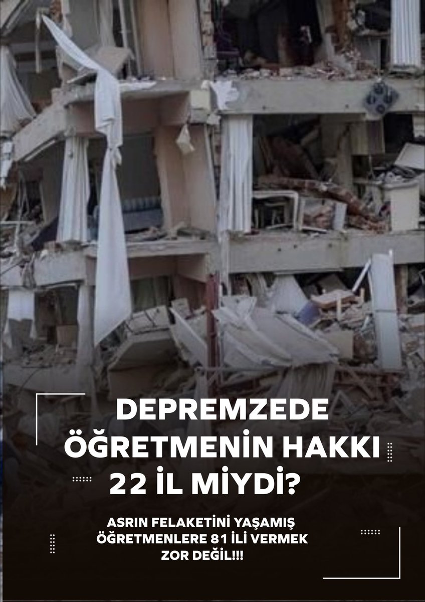 MebDepremeTümİller 
Depremzede öğretmenler olarak halen mağduriyetimiz giderilmedi. Deprem bölgesinden deprem bölgesine gitmek istemiyoruz. Böyle iyileşemeyiz. Yanımızda olmanızı istiyoruz Sayın Bakanım ve Sayın Cumhurbaşkanım!
<a href="/Yusuf__Tekin/">Yusuf Tekin</a> 
<a href="/RTErdogan/">Recep Tayyip Erdoğan</a>