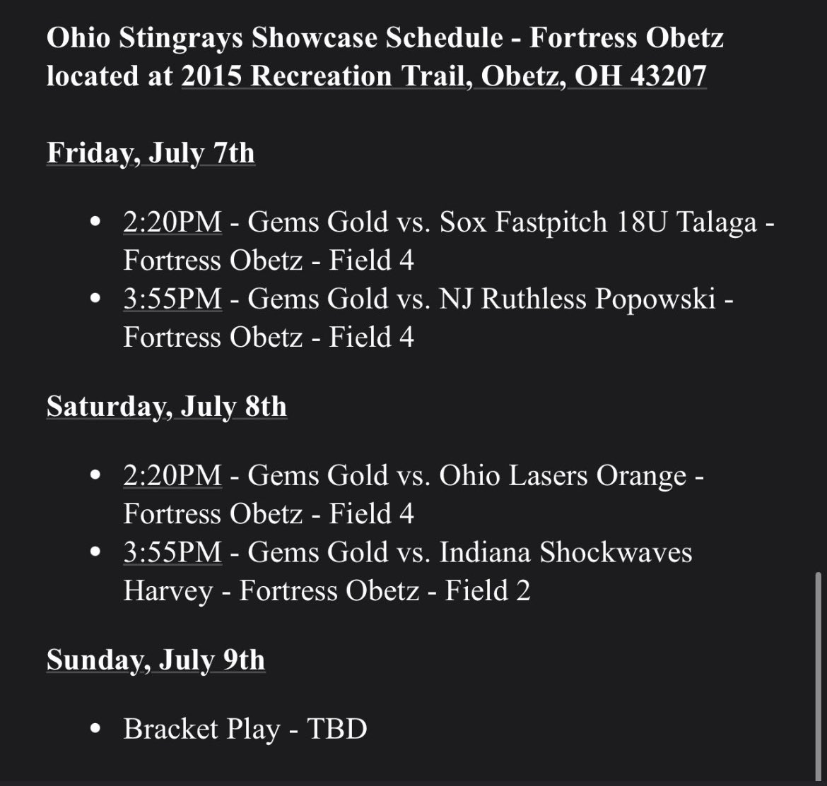 Schedule for this weekend’s Ohio Stingrays Showcase!!