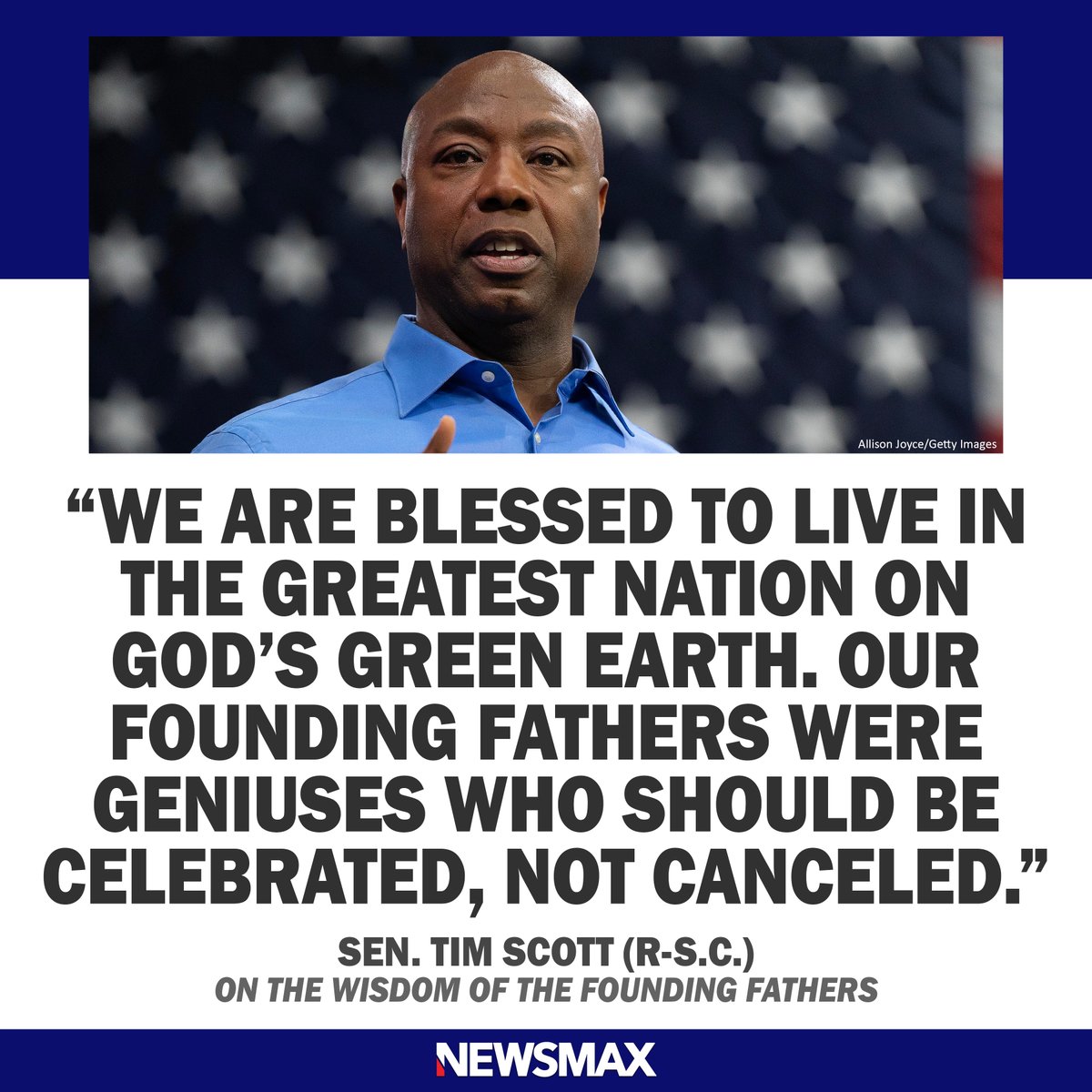 NEWSMAX's tweet photo. Republican 2024 presidential candidate and South Carolina Sen. Tim Scott said Tuesday that citizens should celebrate the nation's founding fathers for their wisdom. MORE: https://t.co/qnB0t5sNi6 https://t.co/b2rxgXVF73
