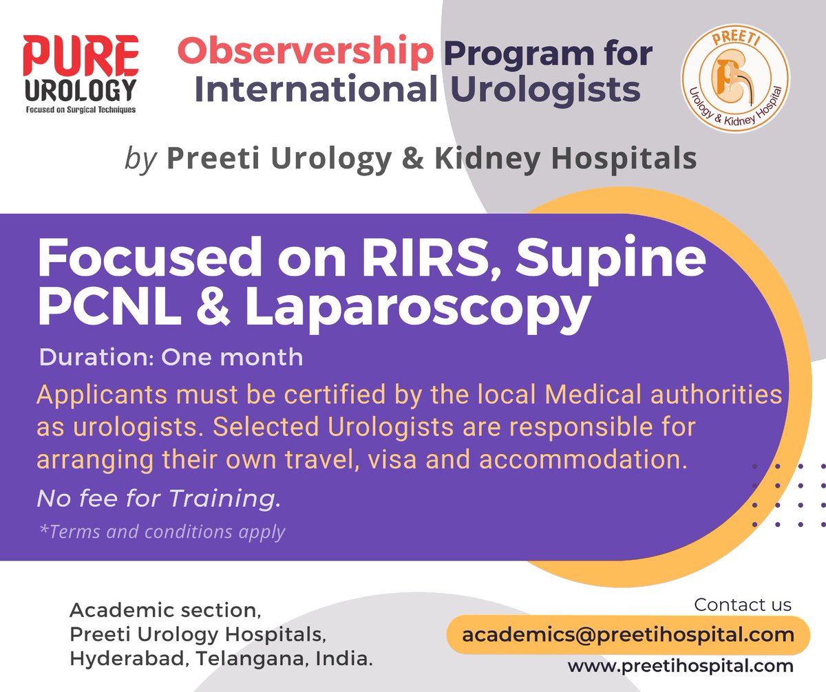 Dear Urologists,

Warm wishes from Preeti Hospitals, India. 

Recently young urologists across the world are  requesting  for fellowship programs in Endourology and laparoscopy. Plenty of government rules are there for the Hands-on training. So, we are beginning with  one month