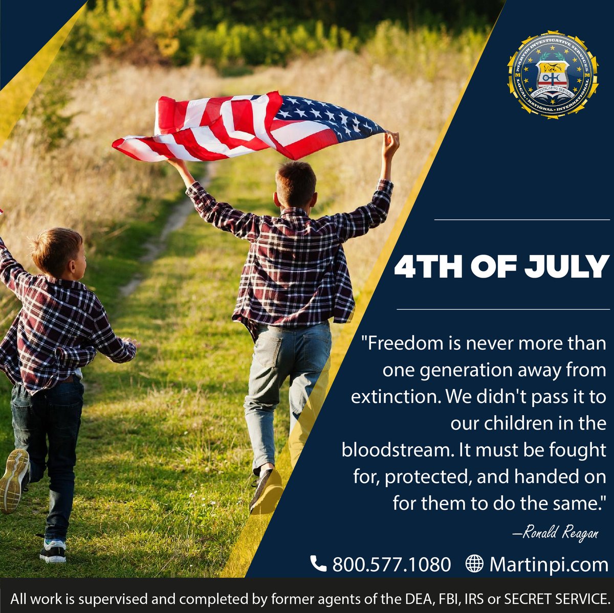 "Freedom is never more than one generation away from extinction. We didn't pass it to our children in the bloodstream. It must be fought for, protected, and handed on for them to do the same" - Ronald Reagan

📞800-577-1080
🌐 Website: martinpi.com

#IndependenceDayUSA