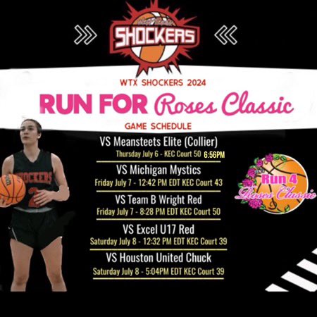 Here is my schedule for my upcoming tournament in Kentucky!! Come check out the West Texas Shockers <a href="/TFNsRun4Roses/">TFN's Run 4 Roses</a>!!! Can’t wait to hit the court with my girls! <a href="/jamberbball/">Jamber Basketball</a> <a href="/NE2KHoops/">NE2KHoops</a> <a href="/NTSHOCKERS/">SHOCKERS BASKETBALL ORG.</a>