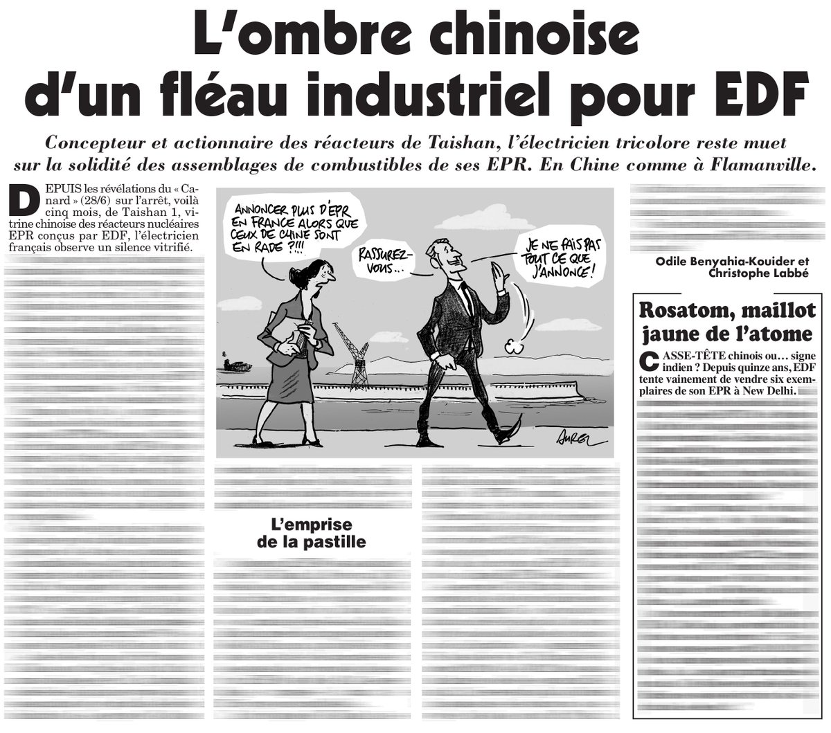 canardenchaine's tweet photo. Après la découverte des nouveaux pépins chinois de son EPR, #EDF reste très discret sur les conséquences des malfaçons qui menacent le chantier de Flamanville et les promesses de Macron de multiplier ce type de réacteur en France…

✏️ @Coolstand  
➡️ https://t.co/Tpwe6OCaMI https://t.co/gxj2CXGRP6
