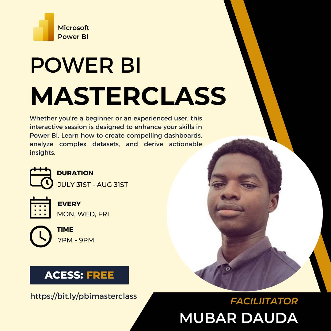 MubarDauda's tweet photo. ...and here it is!!!

Whether you're a beginner or an experienced user, this interactive session is designed to enhance your skills in Power BI. Learn how to create compelling dashboards, analyze complex datasets, and derive actionable insights. https://t.co/DHu3YvqtWk