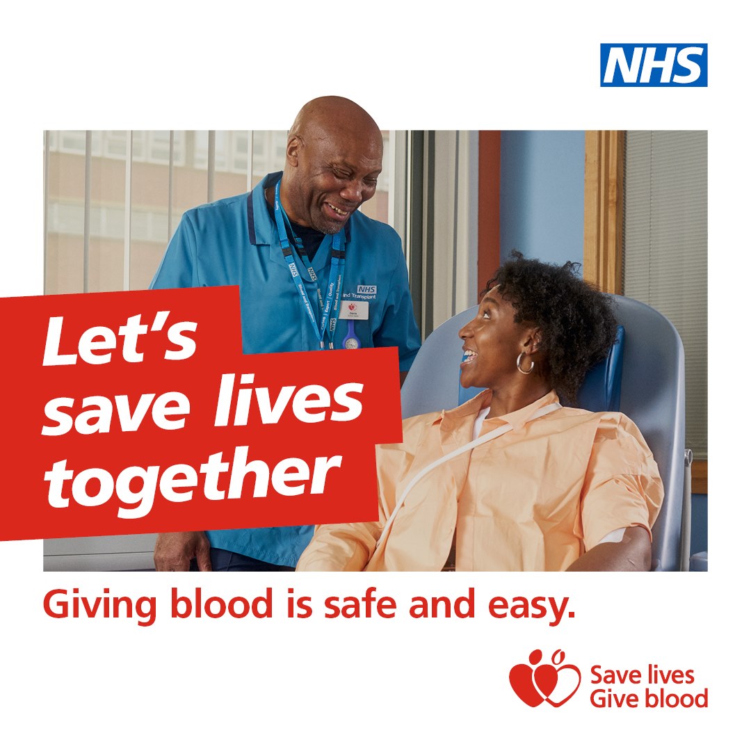Every day, thousands of people’s lives are saved or improved thanks to the generosity of blood donors.

You can support the NHS in its 75th year by giving blood. It’s quick and easy and in one hour up to three lives can be saved.

Book now at blood.co.uk. 🩸