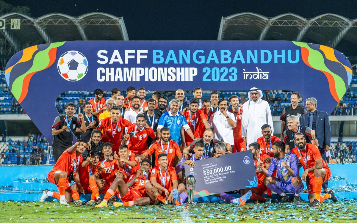 Congratulations team india 🇮🇳👏🏻

CHAMPIONS 🏆🏆

#SAFFChampionship2023 #INDvsKUW #IndianFootball