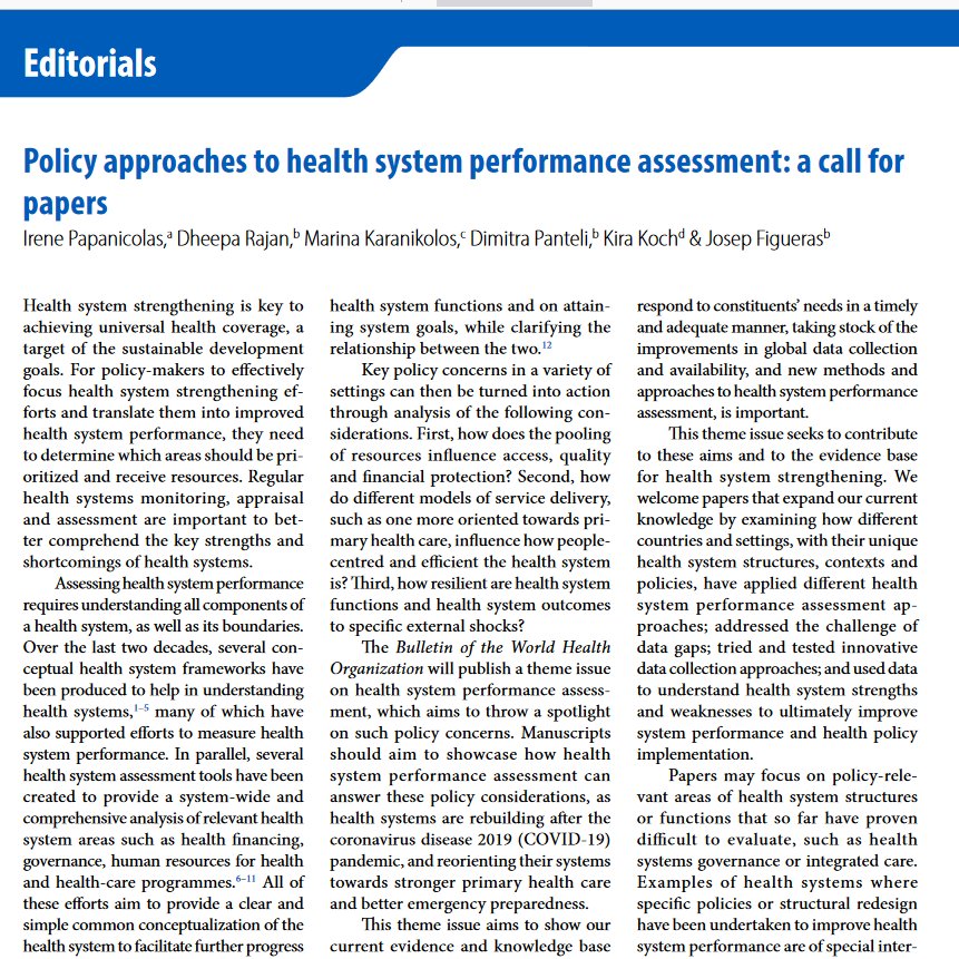 D. Rajan (@dheepa_rajan) on Twitter photo Submit a paper to <a href="/WHOBulletin/">The Bulletin of the World Health Organization</a> on health system performance by 15 November! "Papers may focus on policy-relevant areas of health systems..that so far have proven difficult to evaluate, such as health systems governance or integrated care"
ncbi.nlm.nih.gov/pmc/articles/P…
@IPapanicolas Submit a paper to <a href="/WHOBulletin/">The Bulletin of the World Health Organization</a> on health system performance by 15 November! "Papers may focus on policy-relevant areas of health systems..that so far have proven difficult to evaluate, such as health systems governance or integrated care"
ncbi.nlm.nih.gov/pmc/articles/P…
@IPapanicolas