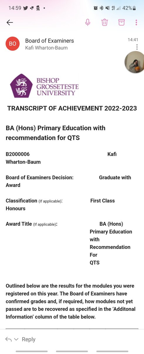 WbMiss's tweet photo. Absolutely over the moon get this email today, finding out that I have got a first in my degree! I am now finally a graduate and primary school teacher after 3 very tough years. So so happy and can't wait for my next adventure teaching in Thailand 😆😁 https://t.co/g1DhsLMiDz
