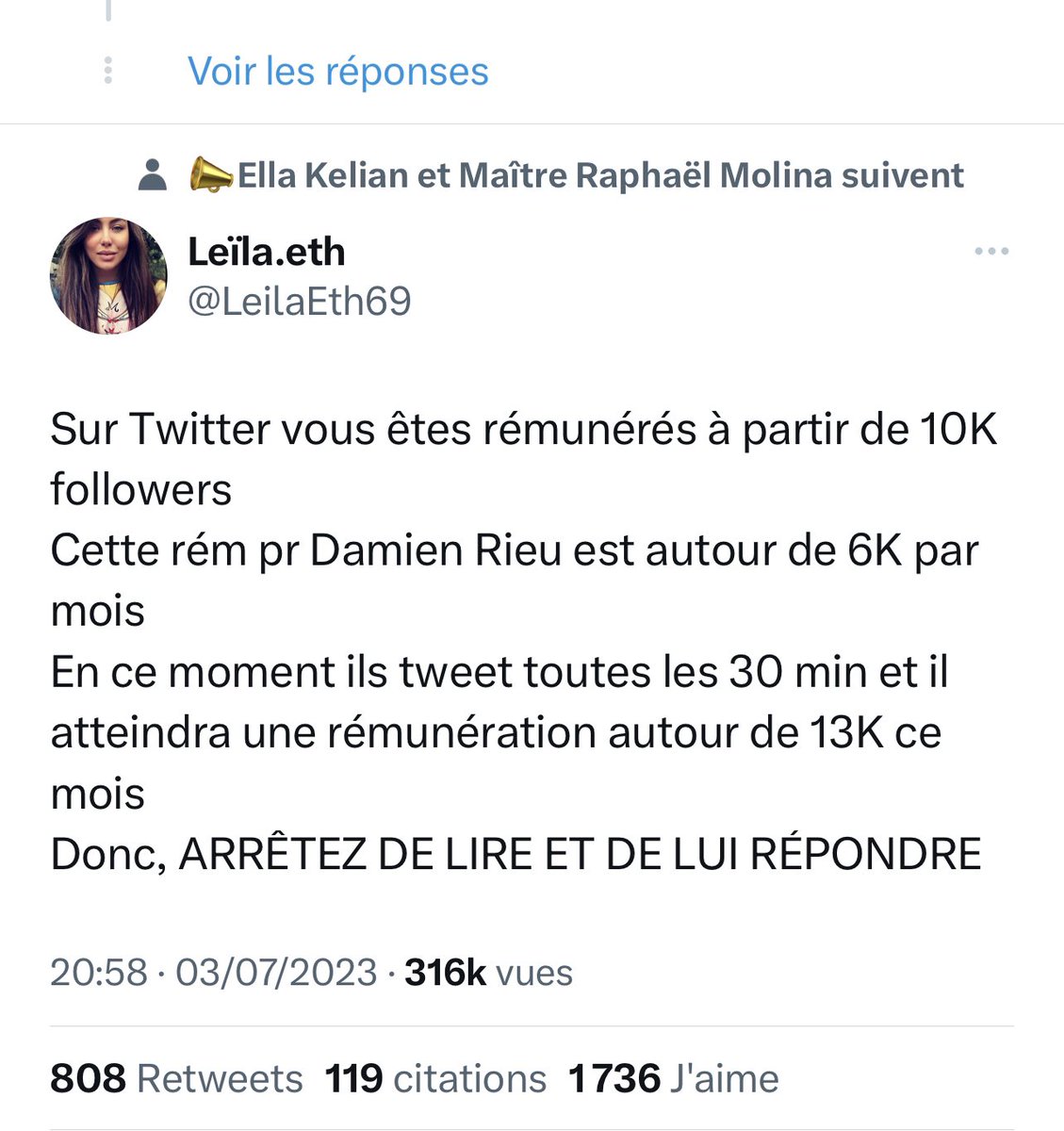 FBrahimi's tweet photo. C’est fou ce que l’on peut lire sur Twitter. 
Fatigue #FakeNews 
@LeilaEth69
#FakeLanceurDalerte #FakeExpert 
Qui annonce que Twitter rémunère les comptes à plus de 10K et elle obtient plus 900 RTs pour intox 😩 https://t.co/yMcm91xUM8