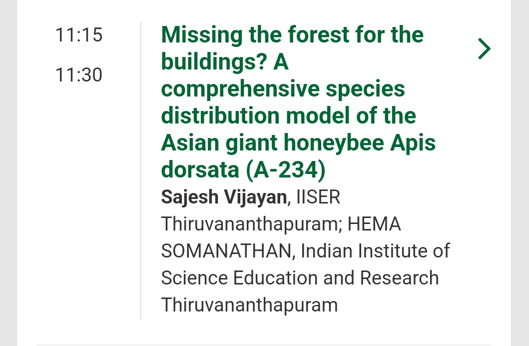 sajeshksv's tweet image. Hi #ATBC2023! I&apos;m looking forward to presenting my talk tomorrow during the Landscape Ecology and Biodiversity session (T7 - Session 16) in Room 5. Come check out some GIANT honeybee 🐝 work.
#ApisDorsata #NicheModelling #honeybee