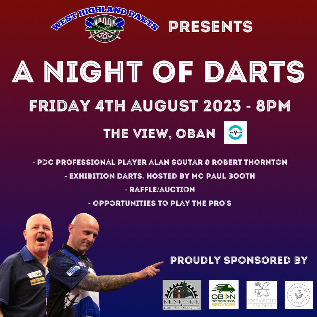 Beautiful night in Oban, ready for the darts exhibition with @soots180 & @TheThorn180 ONE MONTH TODAY 🏴󠁧󠁢󠁳󠁣󠁴󠁿🎯🏴󠁧󠁢󠁳󠁣󠁴󠁿🎯 eventbrite.co.uk/e/alan-soutar-…