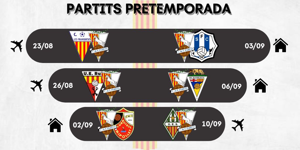 📢 𝐏𝐀𝐑𝐓𝐈𝐓𝐒 𝐏𝐑𝐄𝐓𝐄𝐌𝐏𝐎𝐑𝐀𝐃𝐀!

⚔️El nostre Primer Equip, encapçalat per 𝑽𝒊𝒓𝒊𝒂𝒕𝒐 𝑨𝒍𝒗𝒂𝒓𝒆𝒛, tornarà als entrenaments el pròxim 16 d’Agost i ho farà amb els següents partits al llarg d’aquest periode preparatori.

#TotalBlanc #VaParetsVa