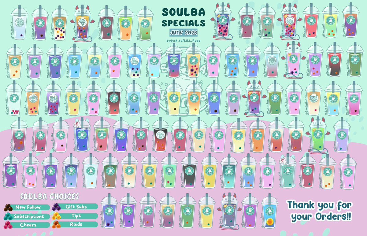 The Soulba orders for the month of JUNE! Thank you Foxfires for all the love and support on my Twitch channel!
DL Link:  ko-fi.com/i/IJ3J4MW9OE