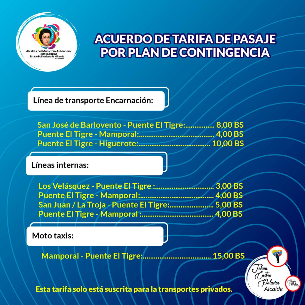 Luego de reunión sostenida entre el Alcalde @AlcaJohanCastro y los Transportistas se acordó activar un plan de contingencia que permitió ajustar la tarifa del pasaje de la siguiente manera.
#PuebloConscienteYMovilizado