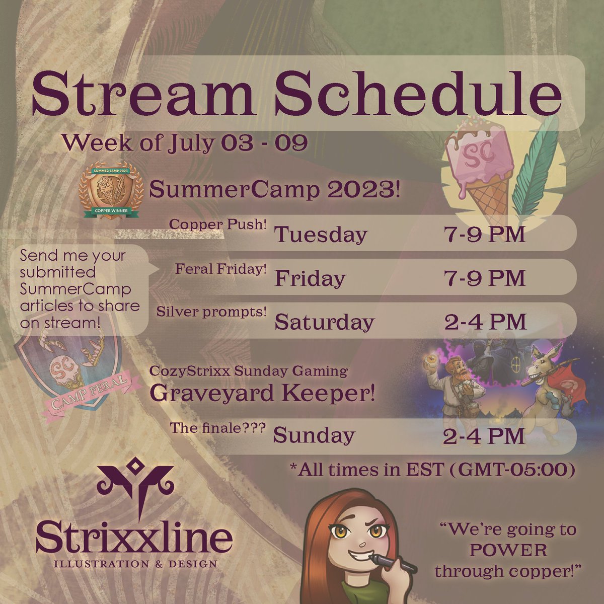 strixxline's tweet photo. Our schedule for this week! ✨ Tonight we'll be pushing through as much of Copper 🥉 as we can manage for #WASummerCamp and I think we might be finishing the story of Graveyard Keeper this Sunday... Join the adventures! #WorldAnvil #Streaming #WritingCommunity https://t.co/YwgmcL5dMg