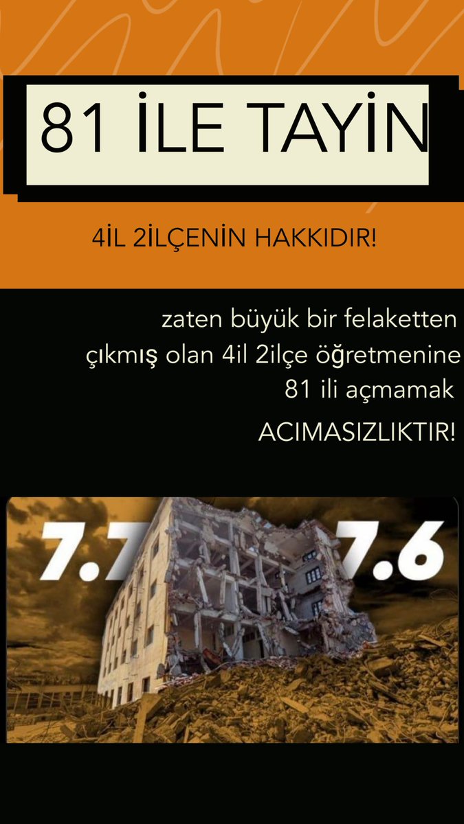 MebDepremeTümİller #Memurlara34bintl
Tayin verdik demekle olmuyor‼️ önemli olan mağduriyetimizi giderecek şekilde vermek. Bir deprem bölgesinden diğerine gittikten sonra biz yaralarımızı nasıl saracağız? Acilen bu alınan karar revize edilmeli ve 81 il açılmalıdır <a href="/Yusuf__Tekin/">Yusuf Tekin</a>