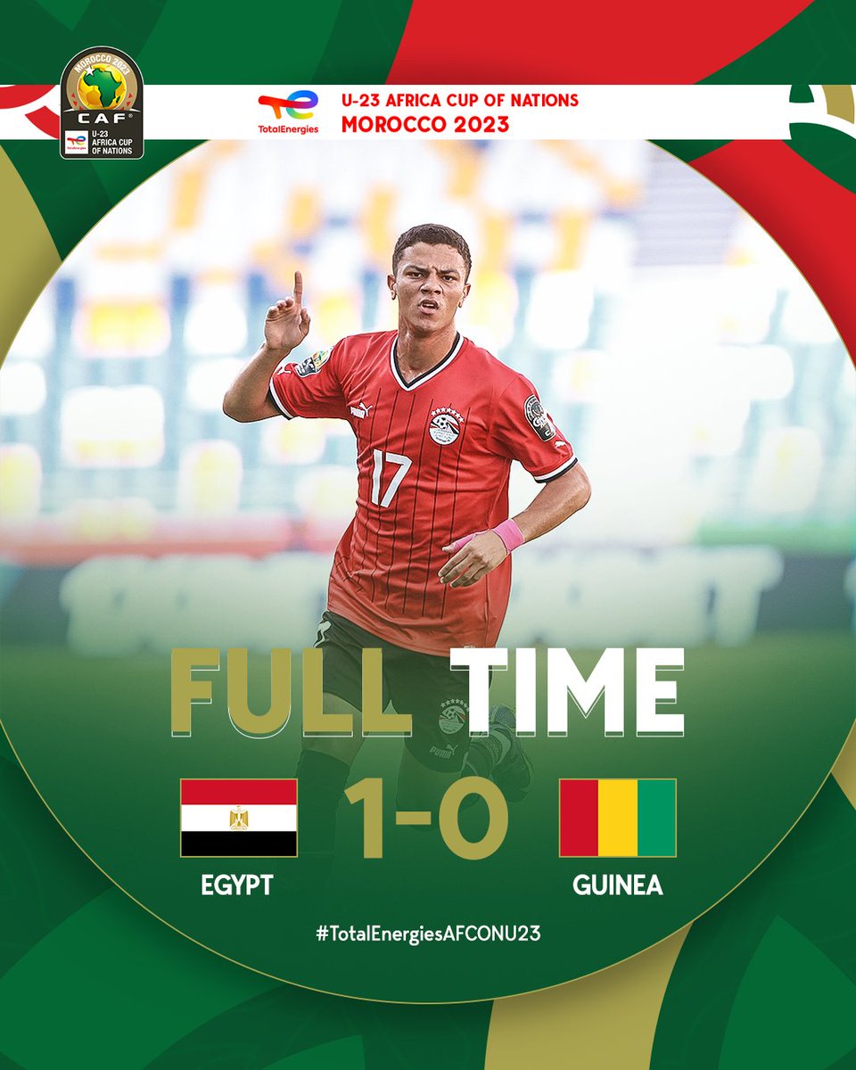 CAF_Online's tweet photo. FULL-TIME ⏰
Egypt are the winners here as they hold on to their first-half lead ✅
🇪🇬 1-0 🇬🇳
#TotalEnergiesAFCONU23 | #EGYGUI https://t.co/NNRZGuYKzT