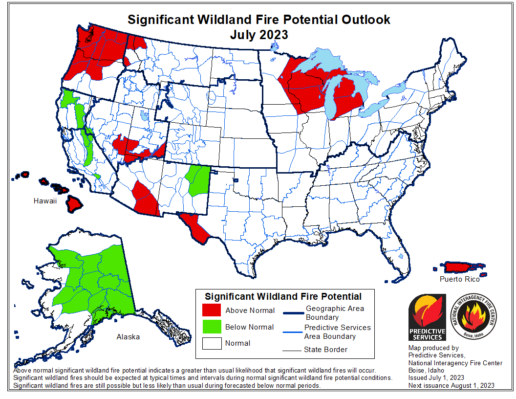 BLMFire's tweet photo. Check out the latest monthly #WildlandFireOutlook on @NIFC_Fire webpage under 'Predictive Services - Outlooks'--> https://t.co/ZAZVIJLGfV 

Also, listen to the Predictive Services Monthly Seasonal Outlook Podcast -https://t.co/FOrzYcgAmp 

#FireYear2023 #WildfireWeatherAWARE https://t.co/Orc26lURKB
