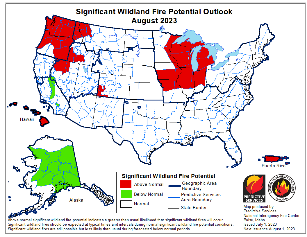 BLMFire's tweet photo. Check out the latest monthly #WildlandFireOutlook on @NIFC_Fire webpage under 'Predictive Services - Outlooks'--> https://t.co/ZAZVIJLGfV 

Also, listen to the Predictive Services Monthly Seasonal Outlook Podcast -https://t.co/FOrzYcgAmp 

#FireYear2023 #WildfireWeatherAWARE https://t.co/Orc26lURKB