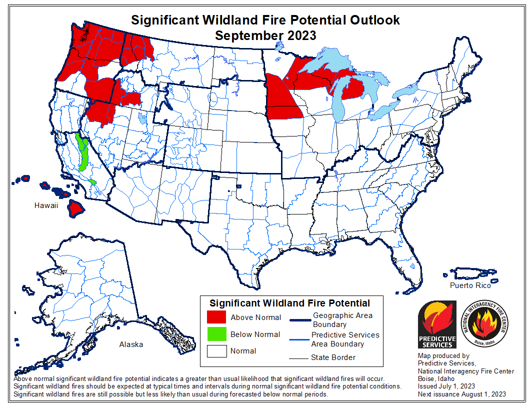 BLMFire's tweet photo. Check out the latest monthly #WildlandFireOutlook on @NIFC_Fire webpage under 'Predictive Services - Outlooks'--> https://t.co/ZAZVIJLGfV 

Also, listen to the Predictive Services Monthly Seasonal Outlook Podcast -https://t.co/FOrzYcgAmp 

#FireYear2023 #WildfireWeatherAWARE https://t.co/Orc26lURKB