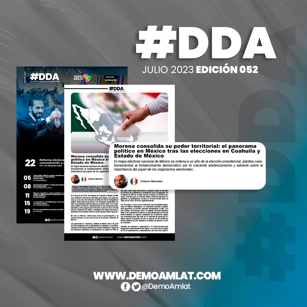 DemoAmlat's tweet photo. 🇲🇽🗳️| Artículo de @TavoMancebo para la edición de #julio de la revista #DDA

"Morena consolida su poder territorial: el panorama político en México tras las elecciones en Coahuila y Estado de M��xico"

💻https://t.co/Vcb61nZwLM https://t.co/x6qmuUrMv1