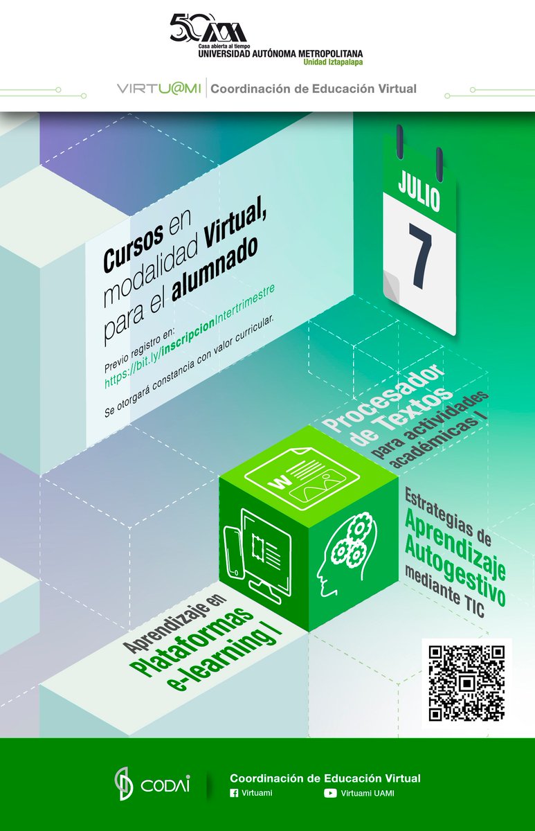 lauammx's tweet photo. Cursos en modalidad virtual para el alumnado
.
🗓 JULIO 7 AL 16 DE JULIO
▶ Plataforma: Moodle-Virtuami
🗓 Registro en línea: hasta julio 6
ℹ https://t.co/8BAA8UZmr7
📧 contacto@virtuami.izt.uam.mx
.
#UAM50 #SoyAM
#UAMResponsable #UAMIztapalapa https://t.co/BziOV3QSrL