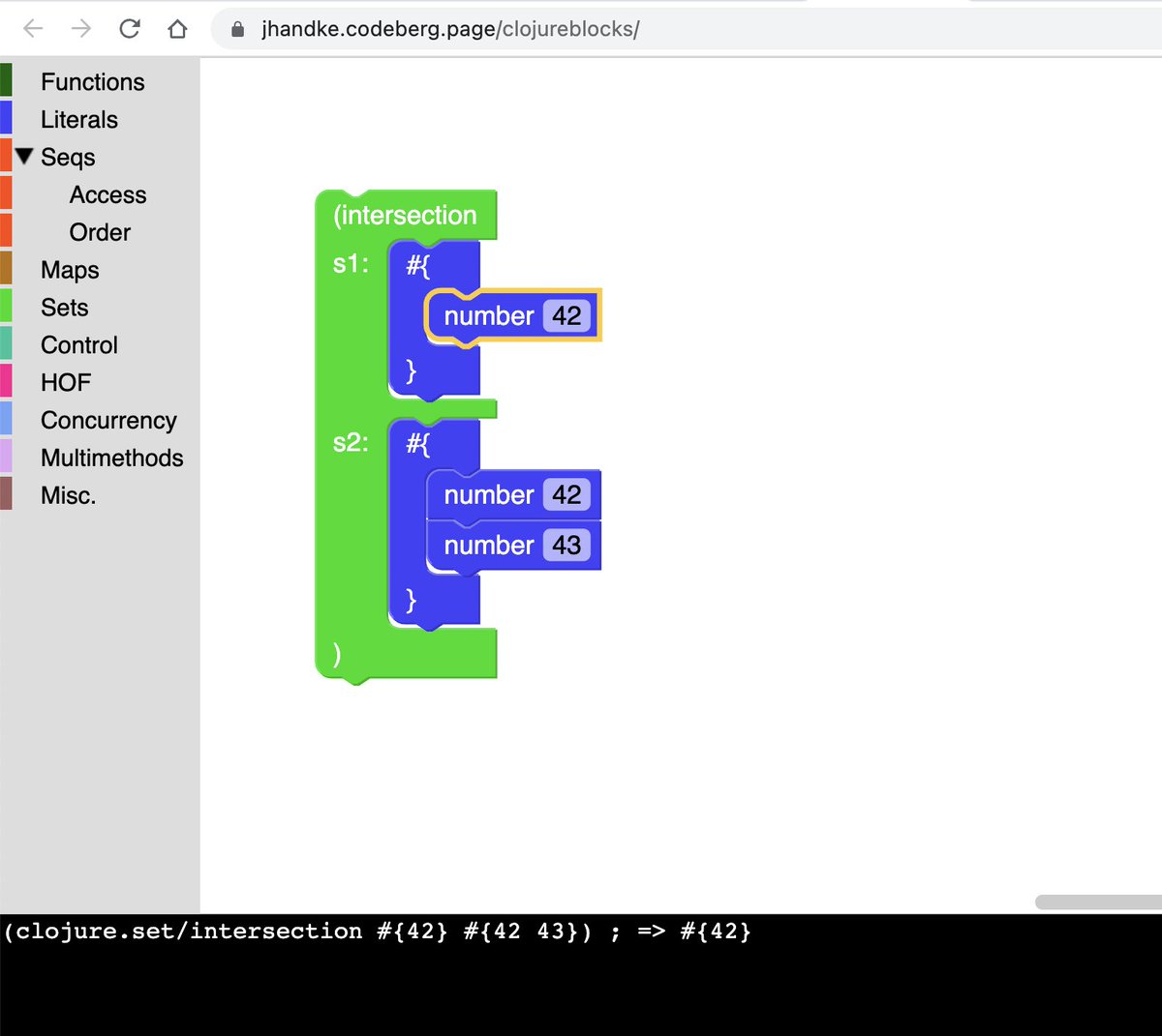 borkdude's tweet image. #clojure blocks
Evaluation is done by SCI :)
jhandke.codeberg.page/clojureblocks/
