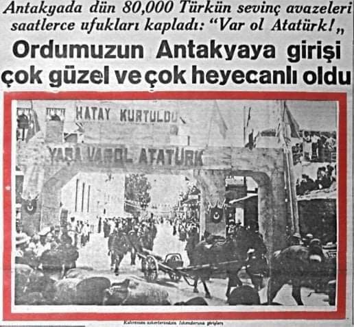 TARİHTE BUGÜN, 04.07.1938; Türk birlikleri Hatay'a girdi.. 'Bu mesele benim için bir namus meselesidir.' Mustafa Kemal ATATÜRK 🇹🇷 Türk-Fransız ikili antlaşmasının (Haya üzerinde) Ankara'da imzalanması. Türkiye ve Fransa, Hatay'da eşit sayıda asker bulundurmaları konusunda, ➡️