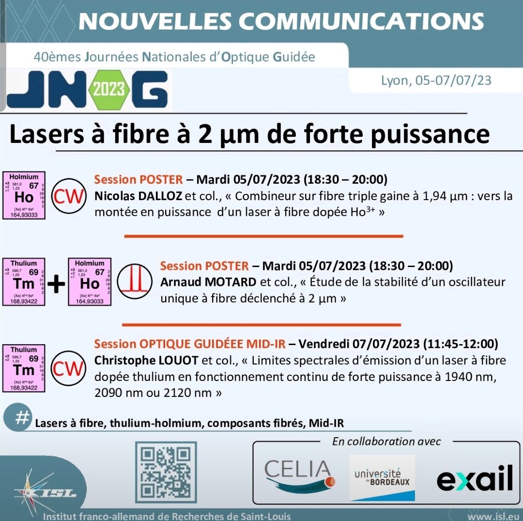 chrislouot's tweet photo. C'est parti pour de nombreux échanges avec la communauté des fibres aux #JNOG23 ! Et trois communications de l'ISL sur les lasers à fibre à 2 um de forte puissance. https://t.co/wcOOTx080d