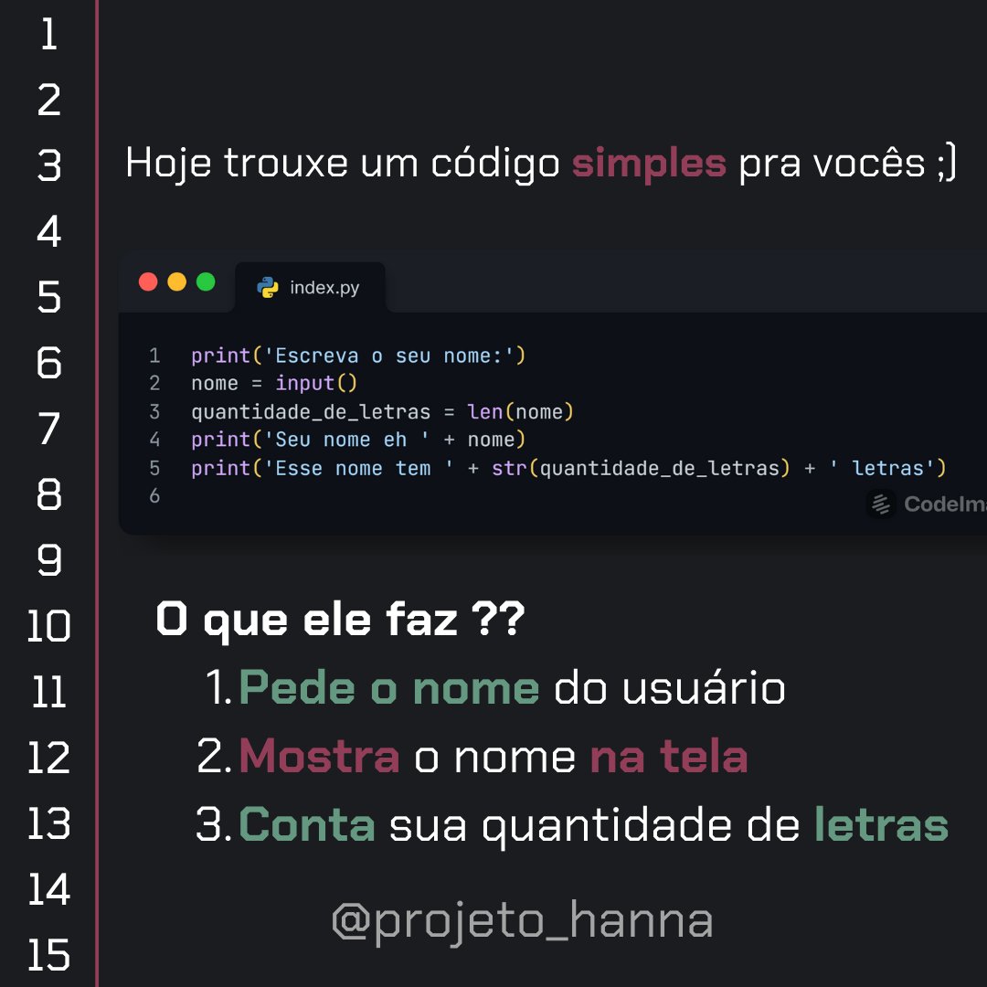Projeto_Hanna's tweet image. [Tutorial: primeiro código em Python]

Aprenda a começar a programar em Python no post de hoje! 

🐍💻

#programação #pythonprogramming #aprenderpython #primeirocodigo #desenvolvimento #coding #tutorial #python #projetohanna #projeto_hanna #bolhadev

++