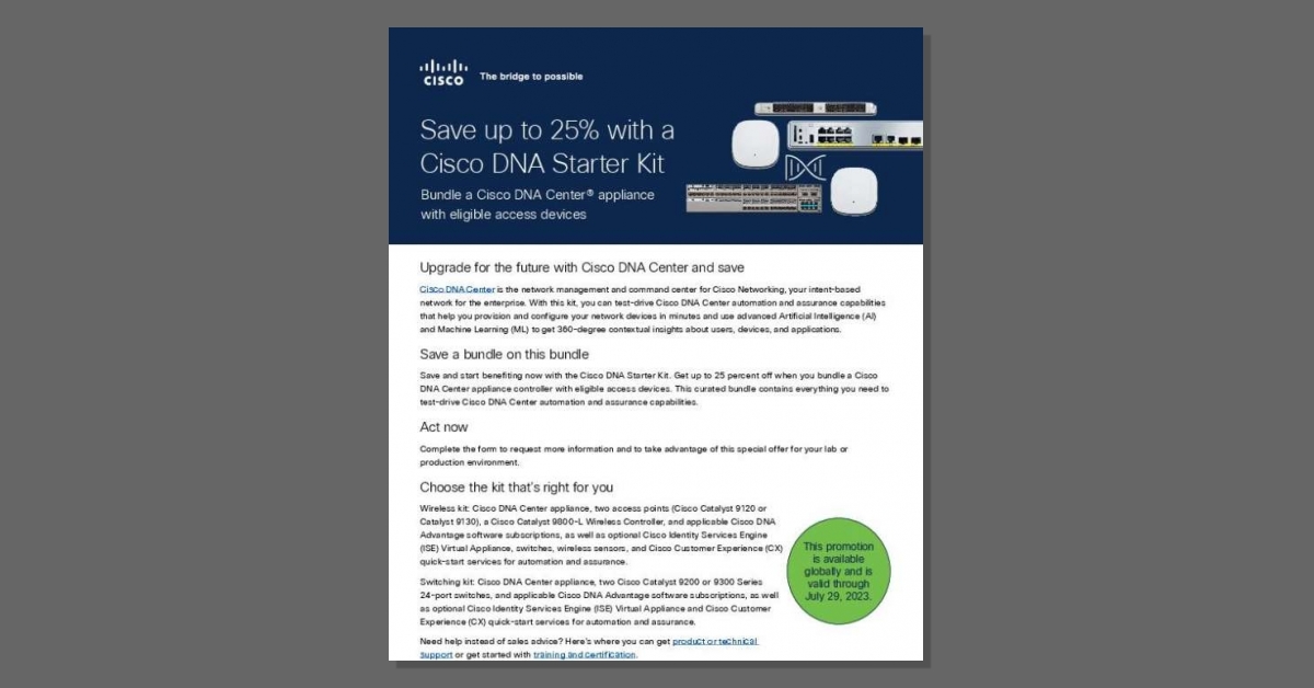 Don't miss this opportunity: Save up to 25% with a #Cisco DNA Starter Kit! 🚨 Check out this announcement to get the details. To redeem your offer, contact Technology Integration Group today. stuf.in/bbqlv8