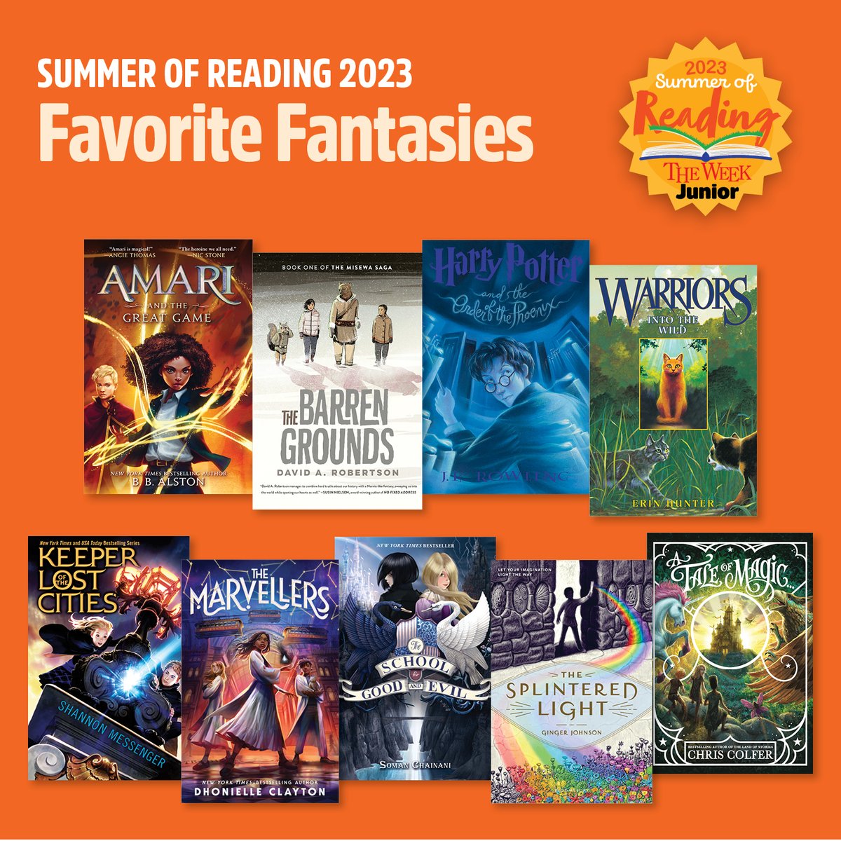 To compile our list of 50 Books Kids Love Most, we asked children across the US to tell us their favorite reads! These are the fantasy novels they recommend! #SummerOfReading @DaveAlexRoberts @KatieThreeCats @brownbookworm @SW_Messenger @WriteGinger @SomanChainani @chriscolfer