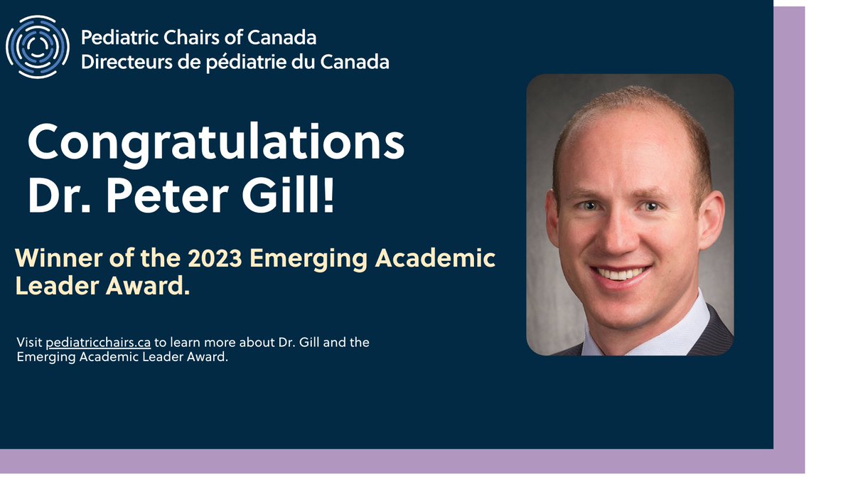 Congratulations to Dr. Peter Gill @UofT_DoM @SickKidsNews, recipient of the @PedChairsCan 2023 Emerging Academic Leader Award (Large Institution Category)! Learn more about this award and Dr. Gill at pediatricchairs.ca/award-winner-a…