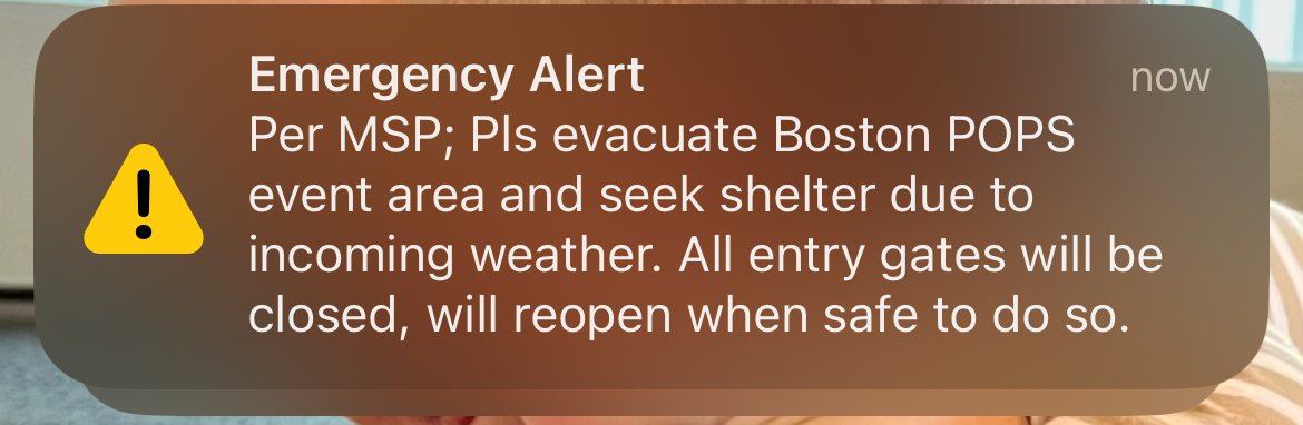 This alert just popped up on many of our phones in the WCVB newsroom, urging evacuation of the Esplanade ahead of the Boston Pops Fourth of July concert amid approaching weather.  Did you receive it?  on.wcvb.com/3JIjmX4