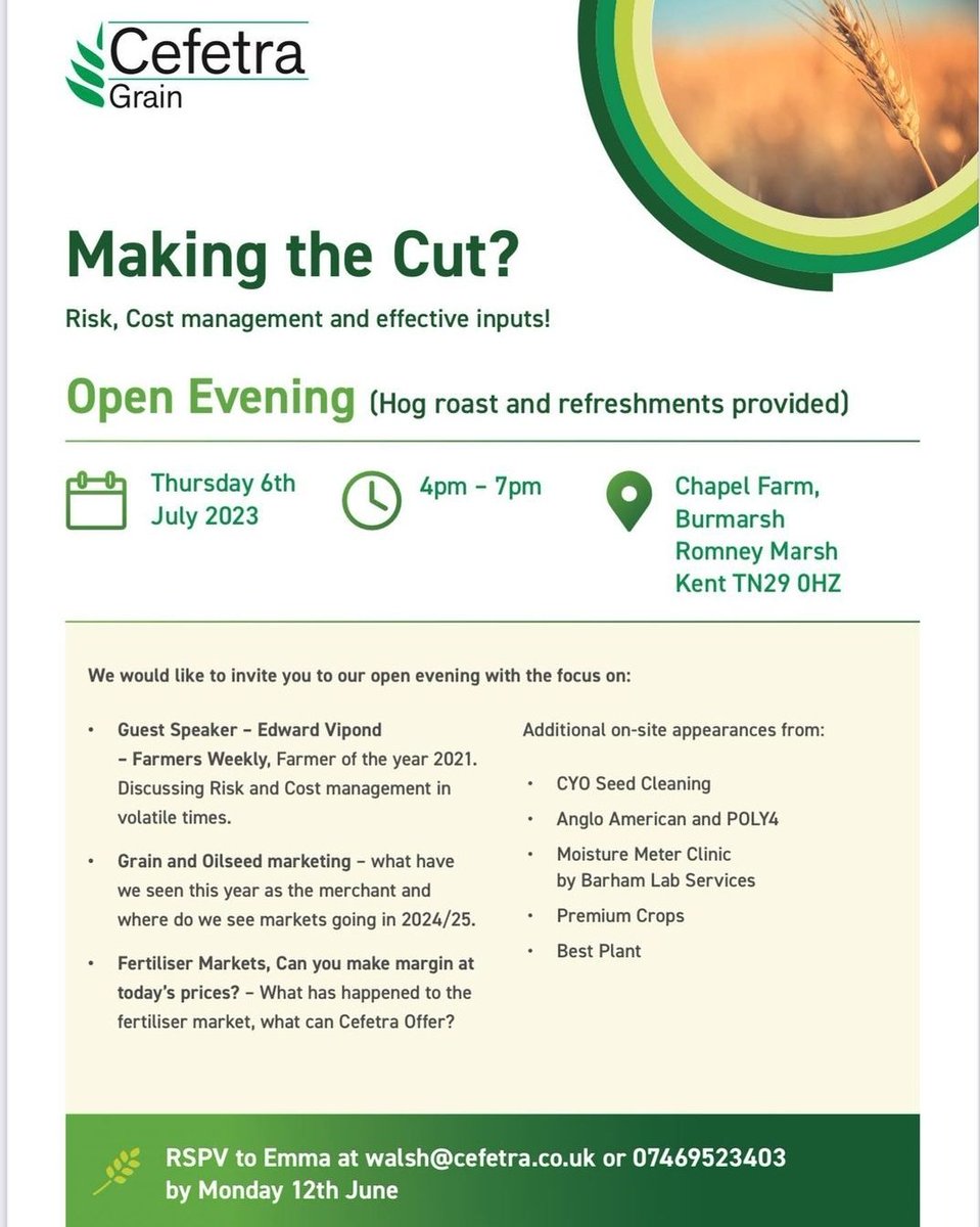 Come and join us on Thursday 6th July 4pm - 7pm at Cefetra Grain (Kent) open evening bring along your moisture meters and have them calibrated ready for #Harvest2023 🌾🌾🌾🌾